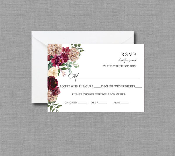 Autumn Floral Burgundy Wedding RSVP Card