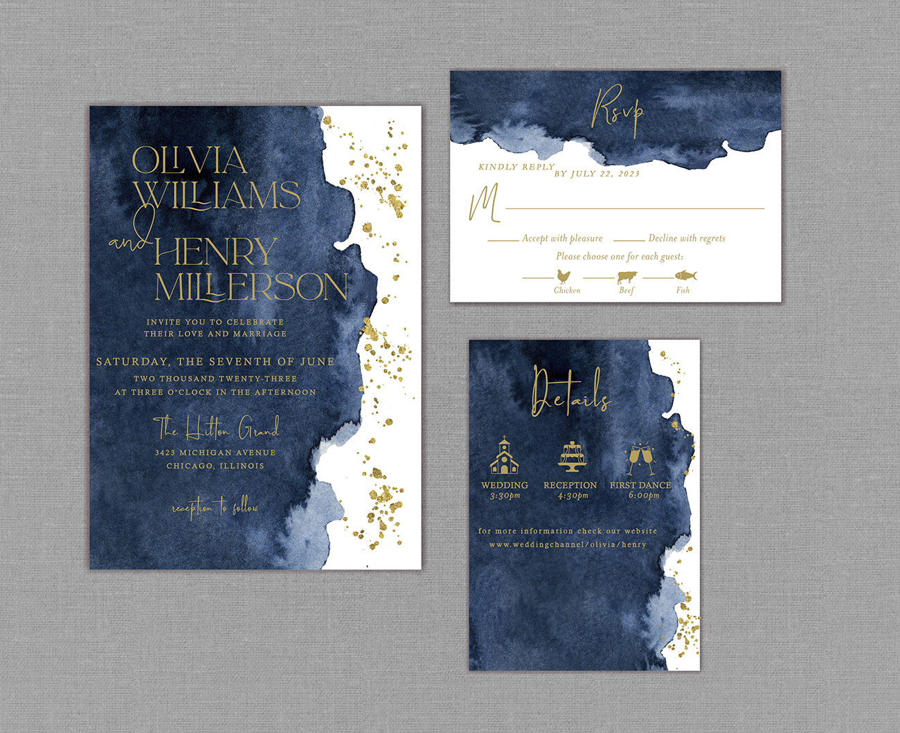 Navy Blue Watercolor Wedding Invitation Suite