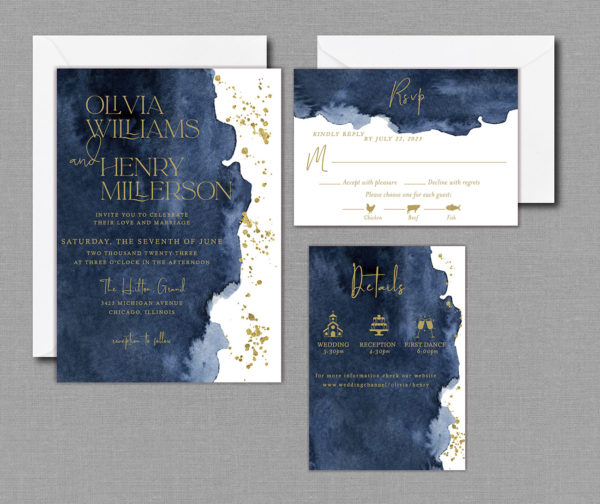 Navy Blue Watercolor Wedding Invitation Suite With Envelopes
