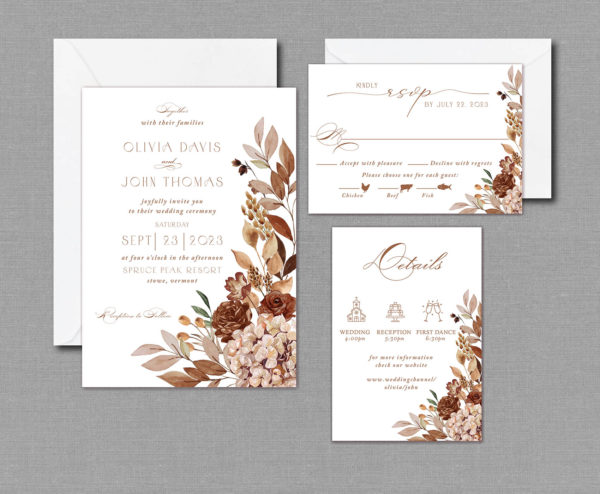 Burnt Orange Floral Wedding Invitation Suite With Envelopes