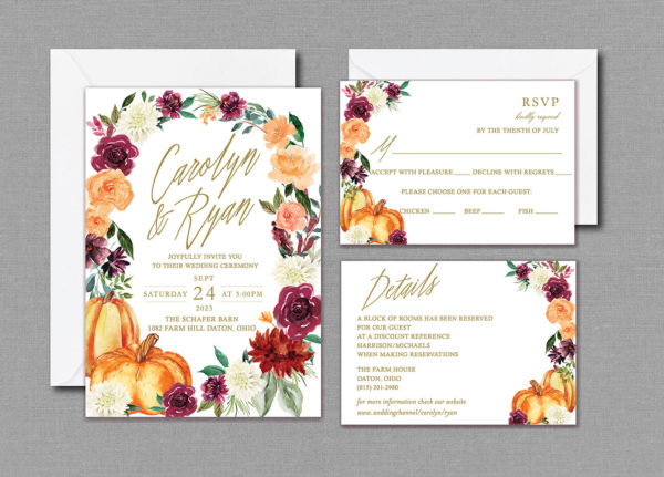 Fall Pumpkin Wedding Invitation Suite With Envelopes