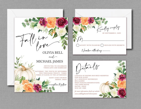 Fall in Love Autumn Wedding Invitation Suite With Envelopes