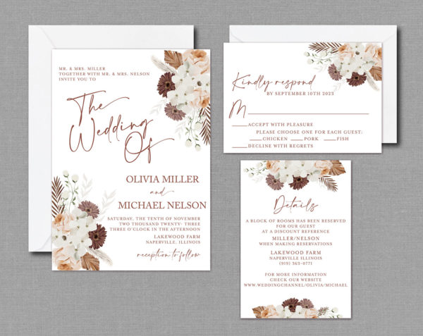 Boho Fall Wedding Invitation Suite with Envelopes