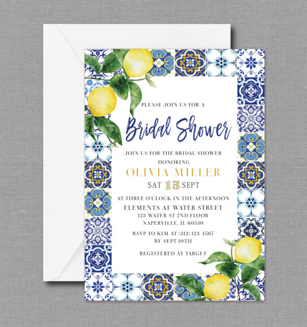 Mediterranean Positano Blue Lemon Bridal Shower Invitation