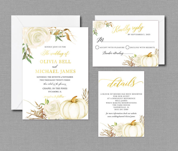 Fall Rustic Pumpkin Wedding Invitation Suite with Envelopes 22134