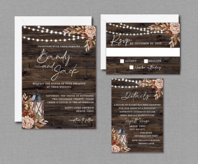 Rustic Burnt Orange Fall Wedding Invitation Suite with Envelopes 22135