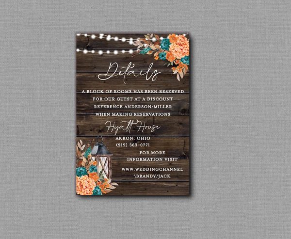 Burnt Orange and Dark Teal Fall Wedding Invitation Detail Card