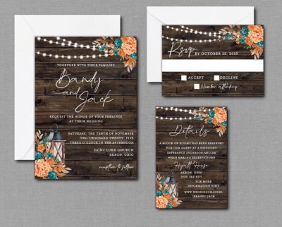 Burnt Orange and Dark Teal Fall Wedding Invitation Suite with Envelopes