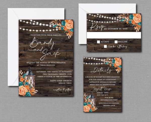 Burnt Orange and Dark Teal Fall Wedding Invitation Suite with Envelopes