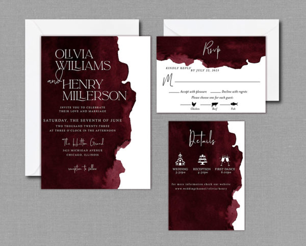 Burgundy Watercolor Wedding Invitation Suite with Envelopes 22146