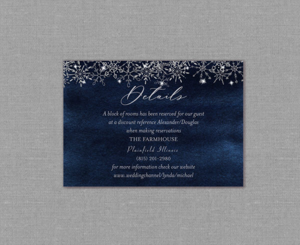 Navy Silver Snowflakes Winter Wedding Detail Card 22147
