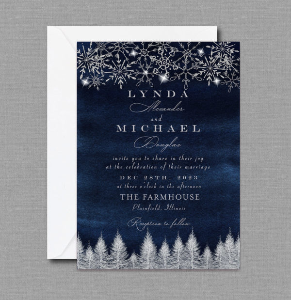 Navy Silver Snowflakes Winter Wedding Invitation 22147