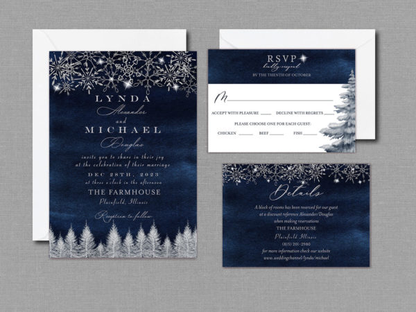 Navy Silver Snowflakes Winter Wedding Invitation Suite with Envelopes 22147