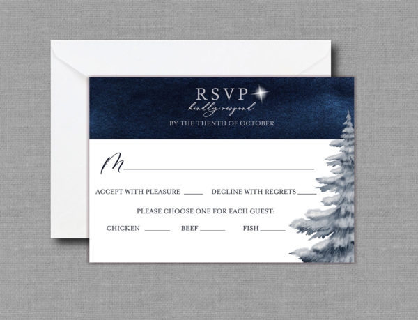 Navy Silver Snowflakes Winter Wedding RSVP Card 22147