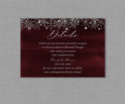 Burgundy Silver Snowflakes Winter Wedding Detail Card 22148