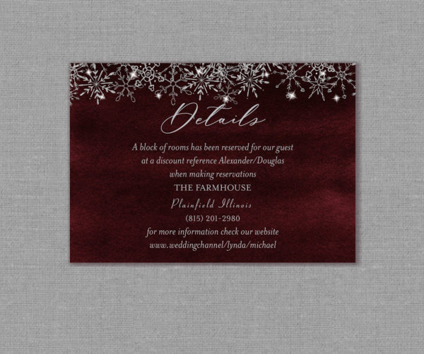 Burgundy Silver Snowflakes Winter Wedding Detail Card 22148