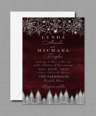Burgundy Silver Snowflakes Winter Wedding Invitation 22148