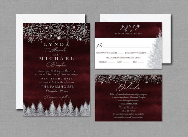 Burgundy Silver Snowflakes Winter Wedding Invitation Suite with Envelopes 22148