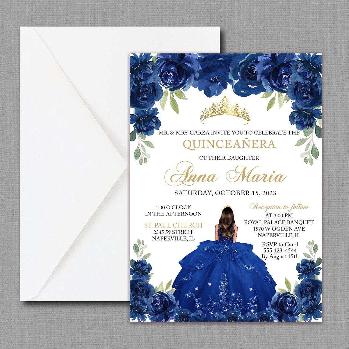 Royal Blue Roses Quinceañera Invitation