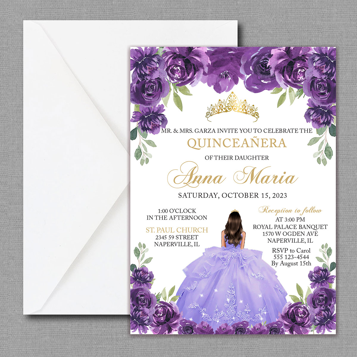 Purple Lilac Roses Quinceañera Invitation