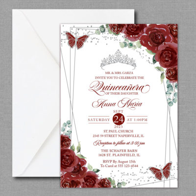 Princess Burgundy Floral Quinceañera Invitation