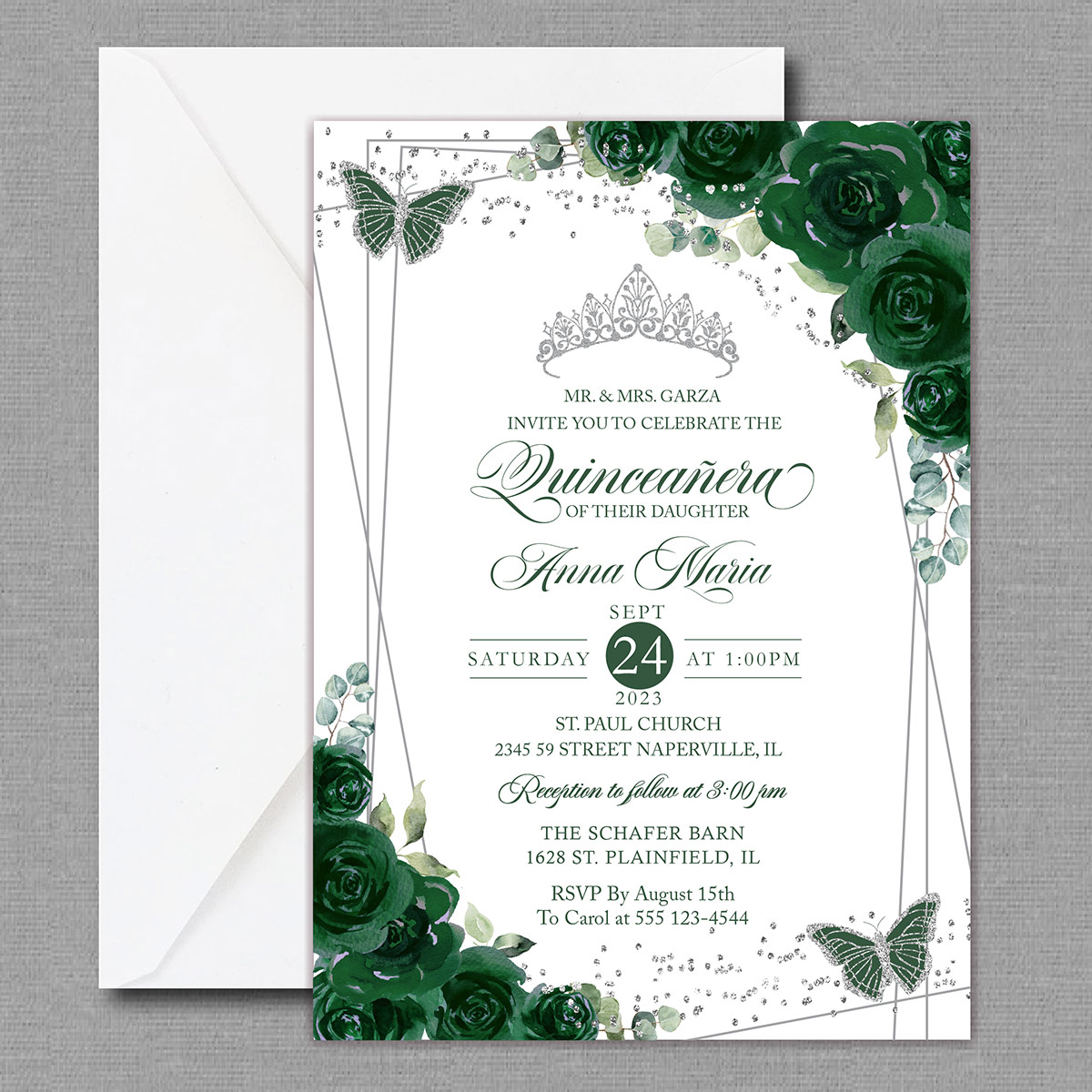 Princess Emerald Green Floral Quinceañera Invitation