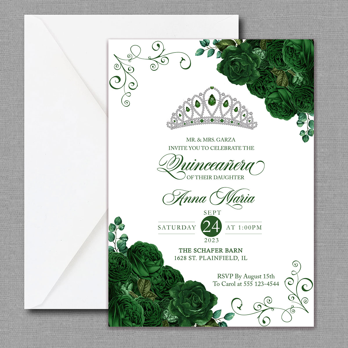 Elegant Emerald Green Floral Quinceañera Invitation