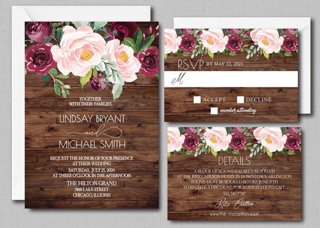 Rustic Wood Burgundy Red Wine and Blush Wedding Invitation - Affordable ...