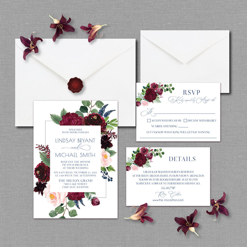 Boho Floral Merlot Burgundy Blush Wedding Invitation